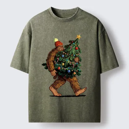 Tokyo-Tiger Monster Carrying Christmas Tree Washed T-Shirt