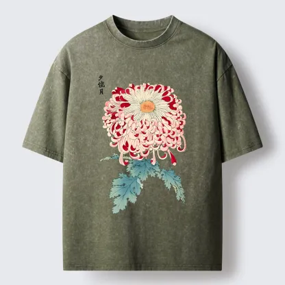 Tokyo-Tiger Vintage Chrysanthemum Art Washed T-Shirt