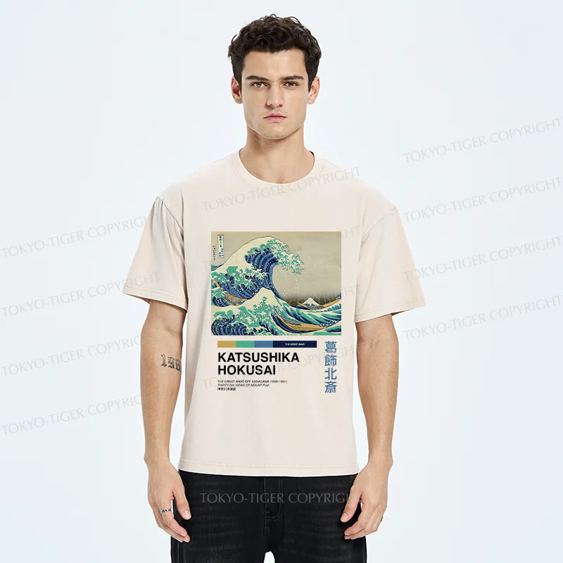 Tokyo-Tiger Japanese Ukiyo-e Waves Washed T-Shirt