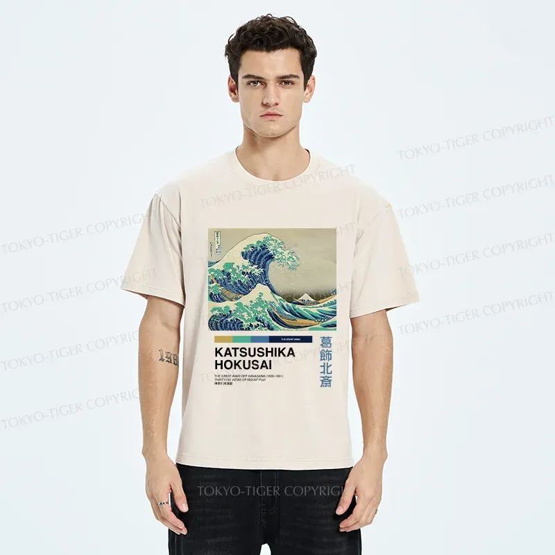 Tokyo-Tiger Japanese Ukiyo-e Waves Washed T-Shirt