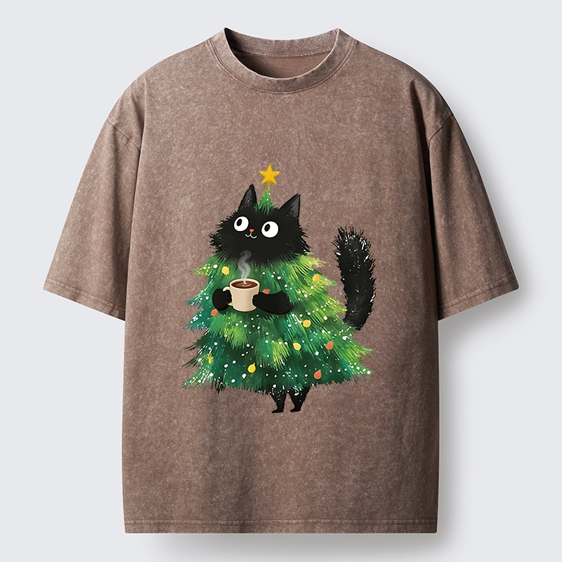 Tokyo‑Tiger Coffee Christmas Cat Washed T‑Shirt