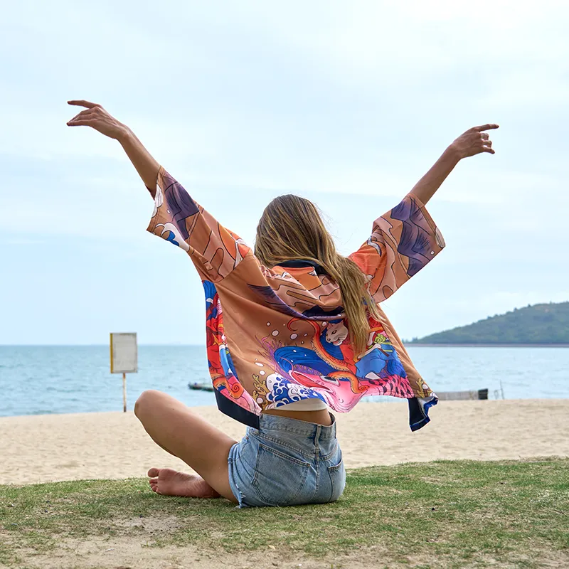 Tokyo-Tiger Japanese Cat Fishing Kimono Cardigan