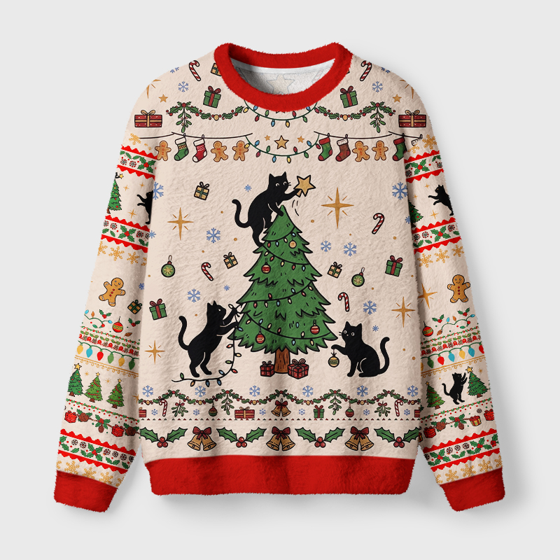 Tokyo-Tiger Black Cat Decorating Tree Fuzzy Christmas Ugly Sweatshirt