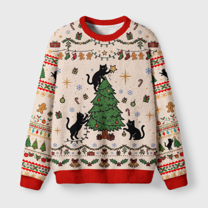 Tokyo-Tiger Black Cat Decorating Tree Fuzzy Christmas Ugly Sweatshirt