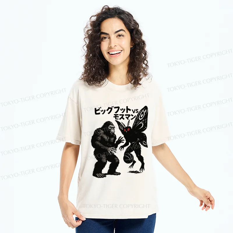 Tokyo-Tiger Battle Between Bigfoot And Mothmen Washed T-Shirt