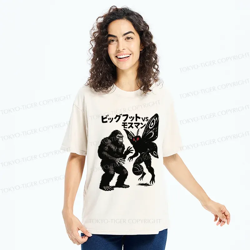 Tokyo-Tiger Battle Between Bigfoot And Mothmen Washed T-Shirt