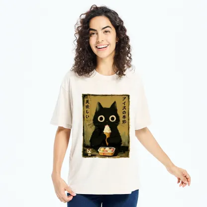 Tokyo-Tiger Black Cat Loves Ice Cream Washed T-Shirt