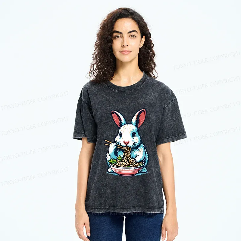Tokyo-Tiger Easter Bunny Eating Ramen Washed T-Shirt