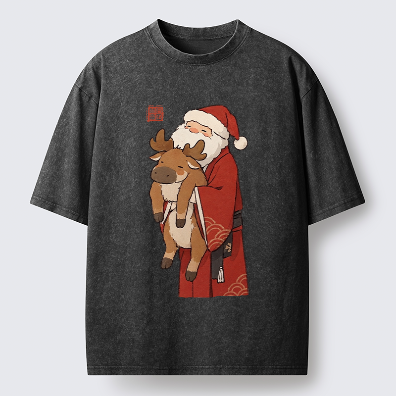 Tokyo‑Tiger Kimono Santa Hug Moose Washed T‑Shirt