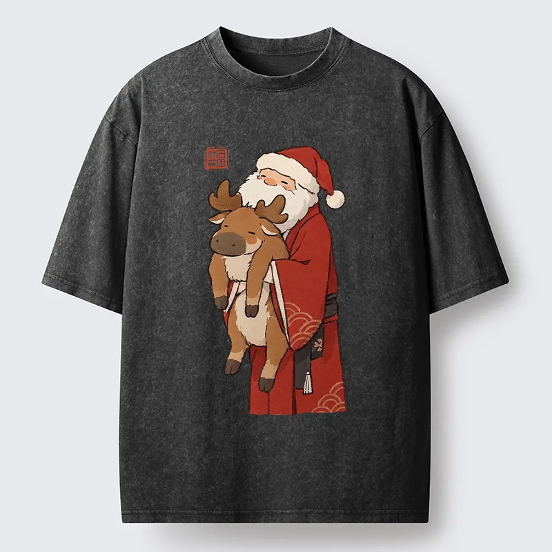 Tokyo‑Tiger Kimono Santa Hug Moose Washed T‑Shirt