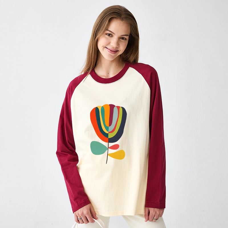 Tokyo-Tiger Colorful Flower Minimalist Print Raglan Long Sleeve T-shirt