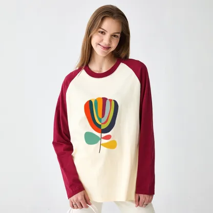 Tokyo-Tiger Colorful Flower Minimalist Print Raglan Long Sleeve T-shirt