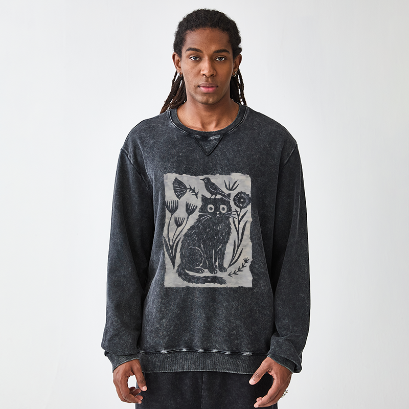Tokyo-Tiger Folk Paper Cut Cat Bird Floral Art Washed Terry Sweatshirt