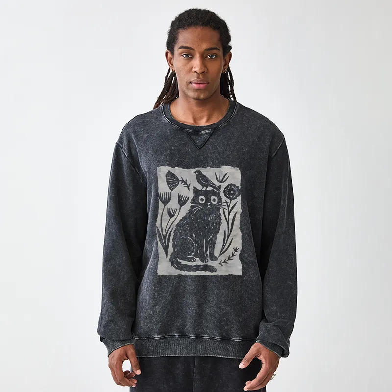 Tokyo-Tiger Folk Paper Cut Cat Bird Floral Art Washed Terry Sweatshirt
