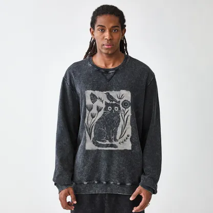 Tokyo-Tiger Folk Paper Cut Cat Bird Floral Art Washed Terry Sweatshirt