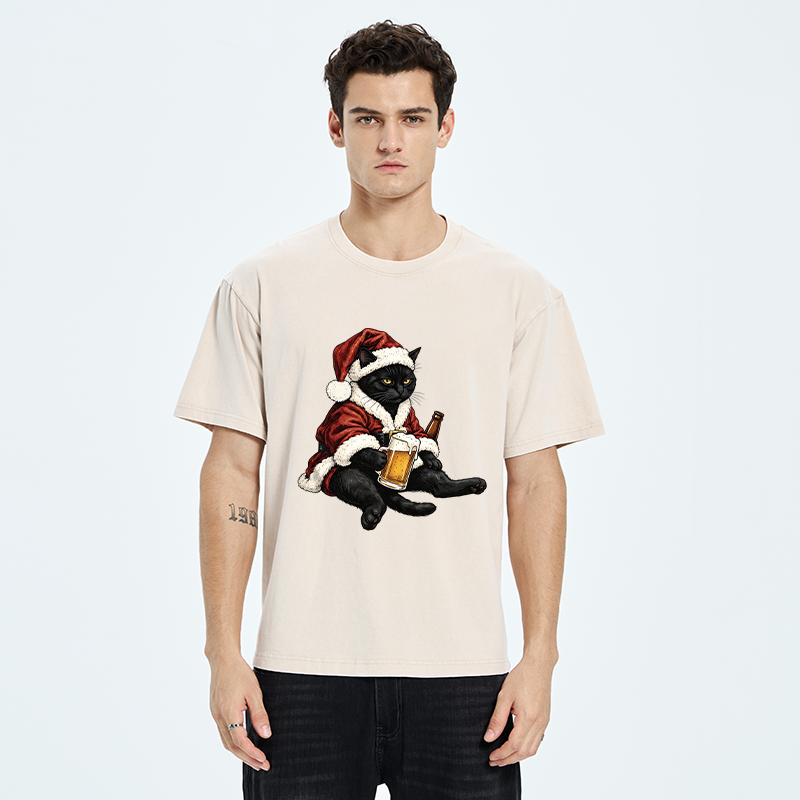 Tokyo-Tiger Chill Santa Black Cat Beer Time Washed T-Shirt
