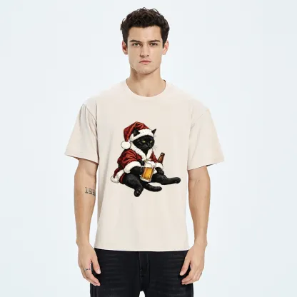 Tokyo-Tiger Chill Santa Black Cat Beer Time Washed T-Shirt