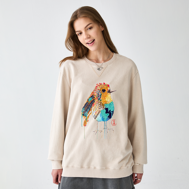Tokyo-Tiger Sparkly Wild Bird Washed Terry Sweatshirt