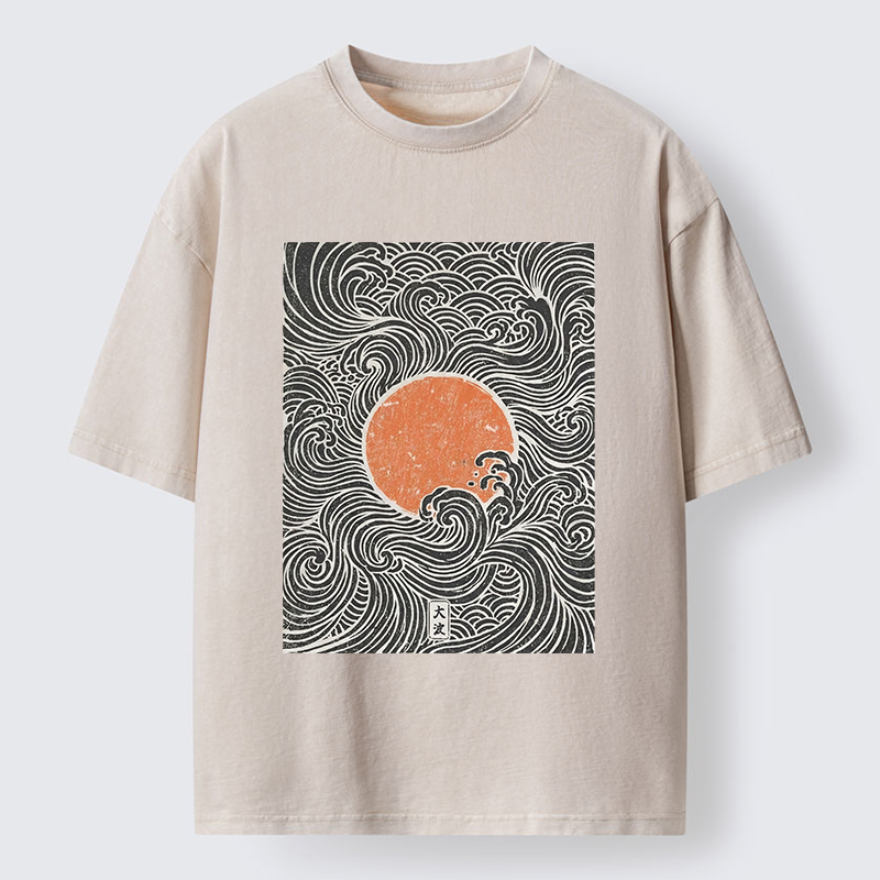 Tokyo-Tiger Ukiyo-e Sun And Waves Washed T-Shirt