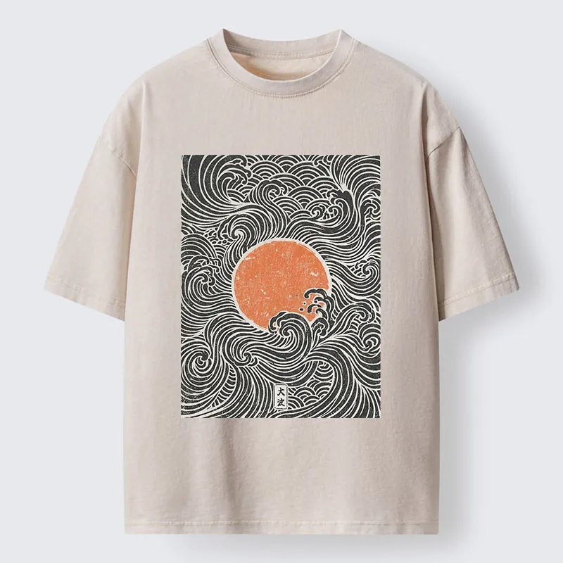 Tokyo-Tiger Ukiyo-e Sun And Waves Washed T-Shirt