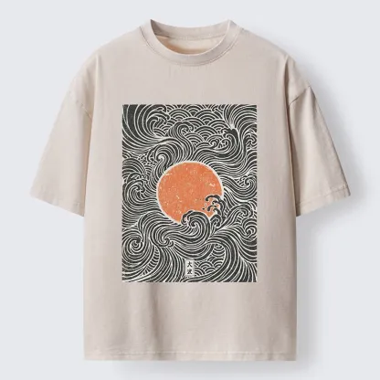 Tokyo-Tiger Ukiyo-e Sun And Waves Washed T-Shirt