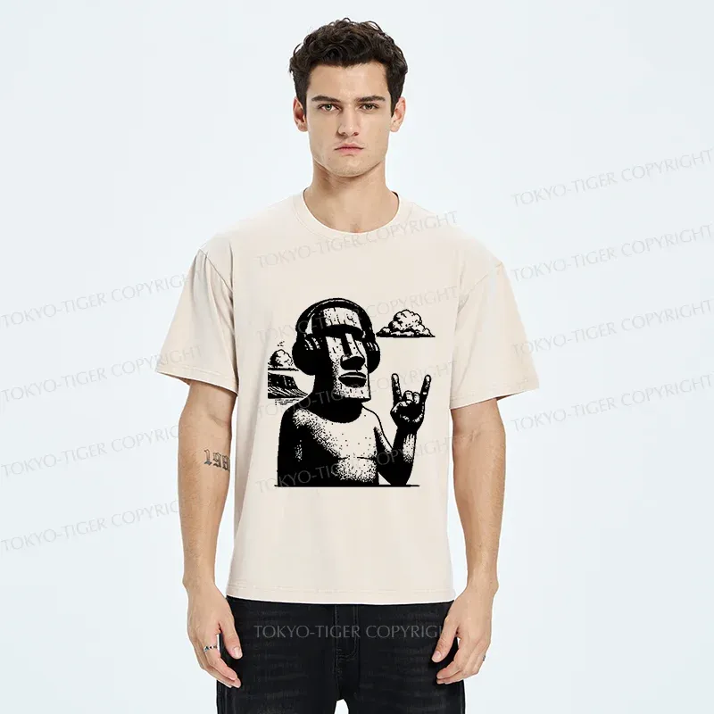Tokyo-Tiger Rock Easter Island Statues Washed T-Shirt