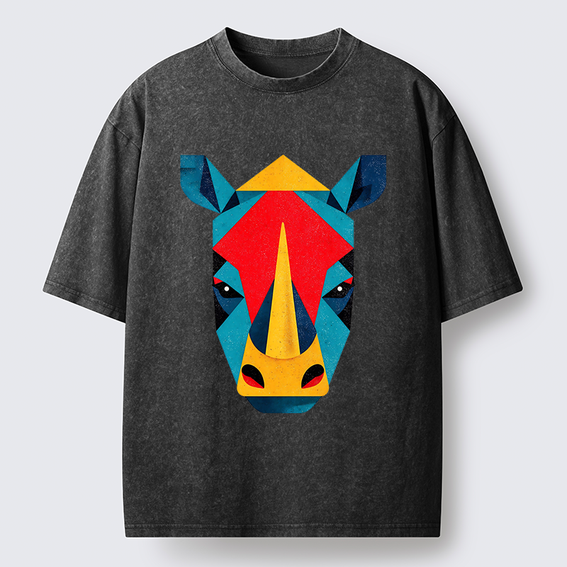 Tokyo-Tiger Geometric Rhino Art Washed T-Shirt
