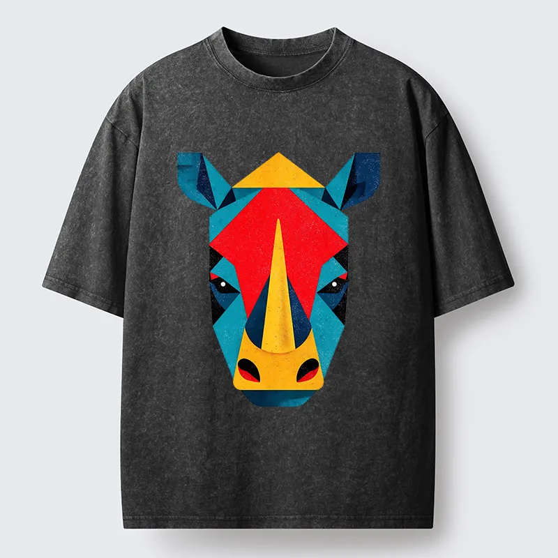Tokyo‑Tiger Geometric Rhino Art Washed T‑Shirt Sale