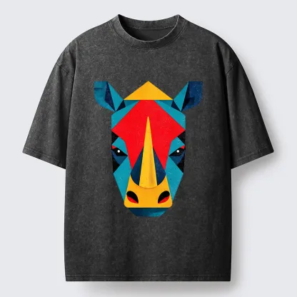 Tokyo-Tiger Geometric Rhino Art Washed T-Shirt