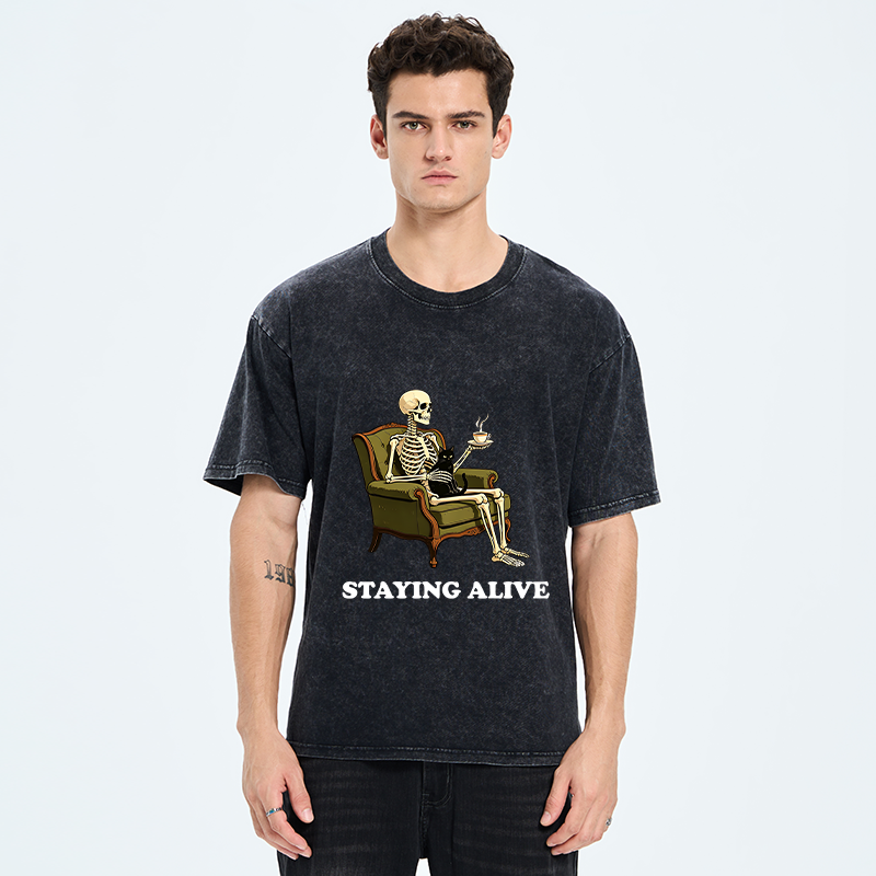 Tokyo‑Tiger Skeleton Coffee Cat Washed T‑Shirt