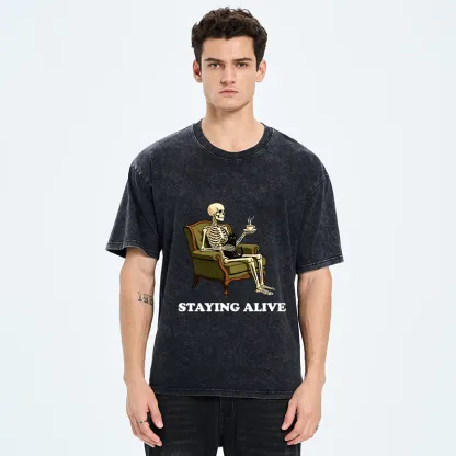 Tokyo‑Tiger Skeleton Coffee Cat Washed T‑Shirt