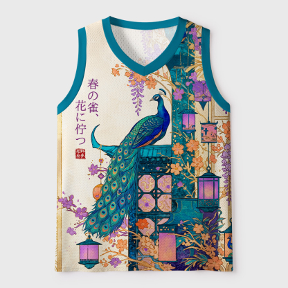 Tokyo-Tiger Ukiyo-e Peacock Wisteria Spring Floral Mesh Tank Top
