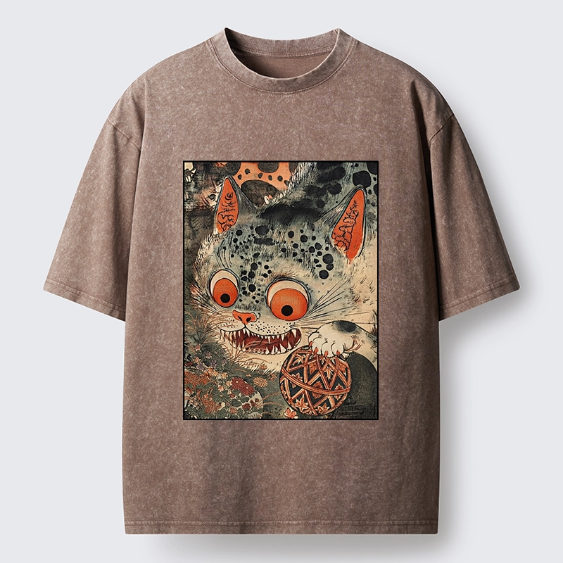 Tokyo‑Tiger Funny Yokai Cat Washed T‑Shirt