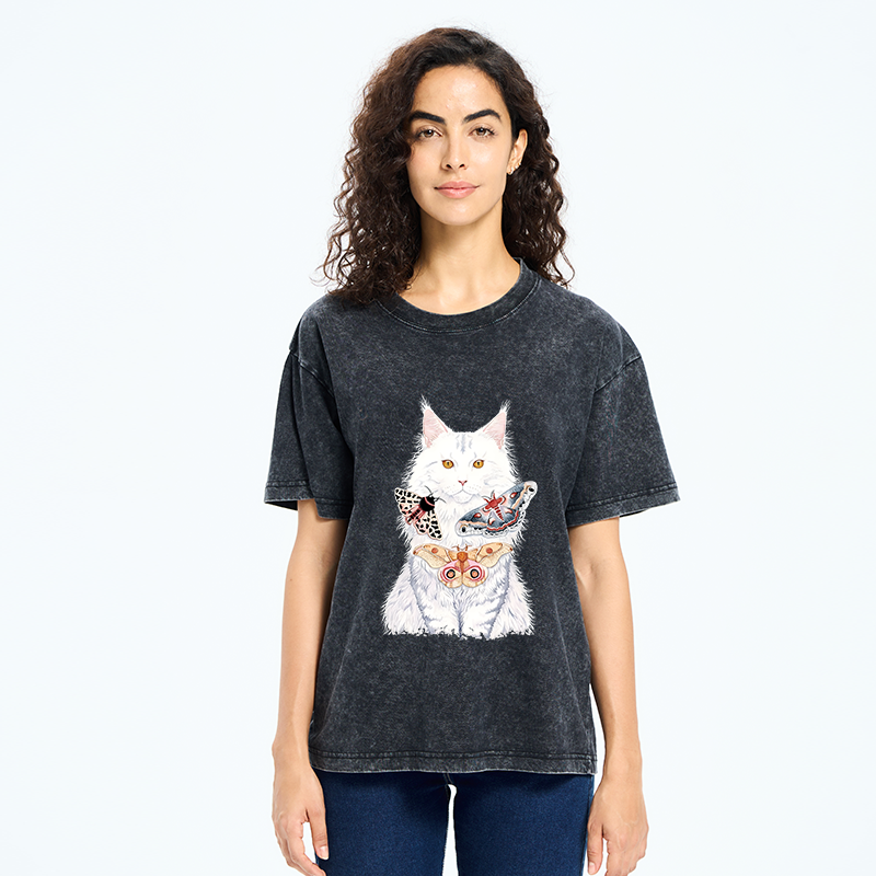 Tokyo-Tiger Elegant White Cat Washed T-Shirt