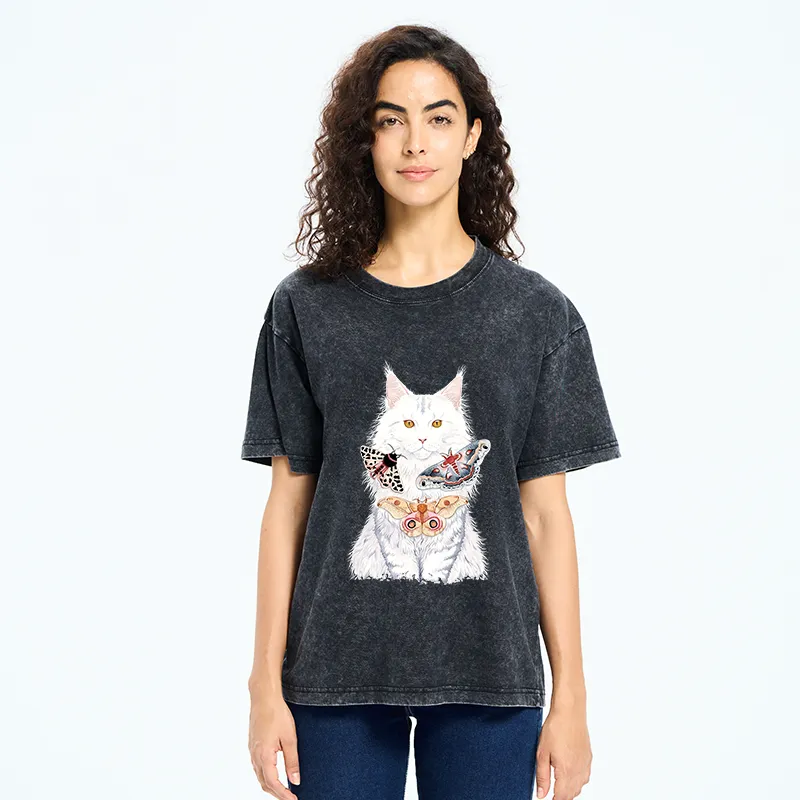Tokyo-Tiger Elegant White Cat Washed T-Shirt