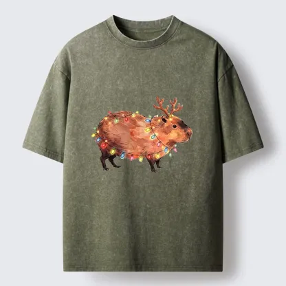 Tokyo‑Tiger Christmas Capybara Glow Washed T‑Shirt