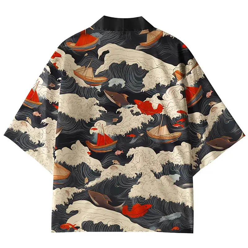 Tokyo-Tiger Waves And The Ship Kimono Cardigan