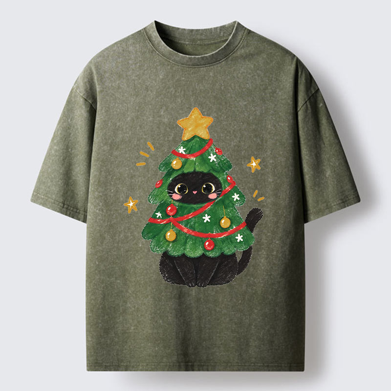 Tokyo-Tiger Christmas Tree Black Cat Washed T-Shirt