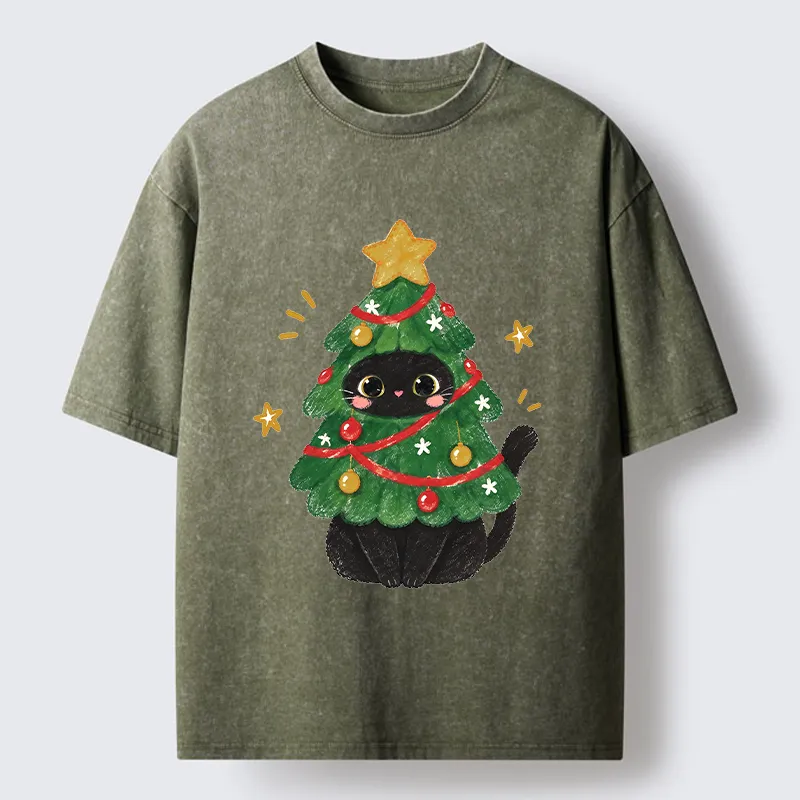 Tokyo-Tiger Christmas Tree Black Cat Washed T-Shirt