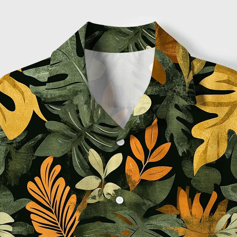Tokyo-Tiger Tropical Leaf Frenzy Aloha Cuban Collar Shirt