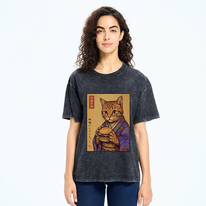 Tokyo-Tiger Kimono Cat Eating A Burger Washed T-Shirt