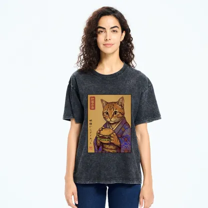 Tokyo-Tiger Kimono Cat Eating A Burger Washed T-Shirt