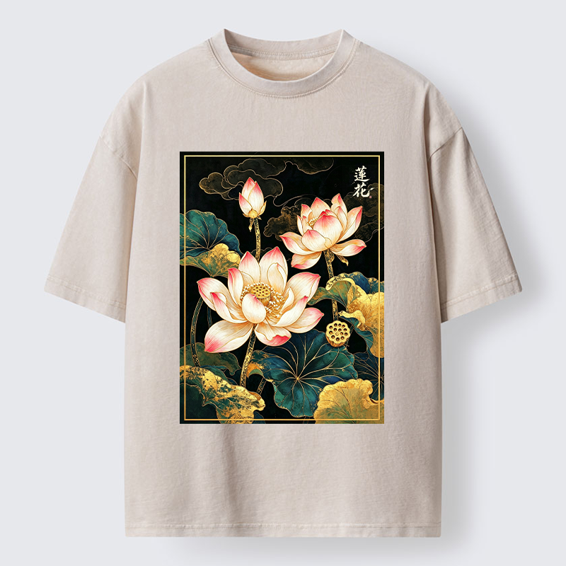 Tokyo‑Tiger Oriental Lotus Print Washed T‑Shirt Sale