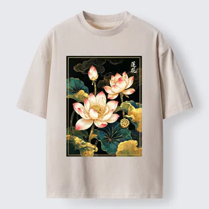 Tokyo-Tiger Oriental Lotus Print Washed T-Shirt
