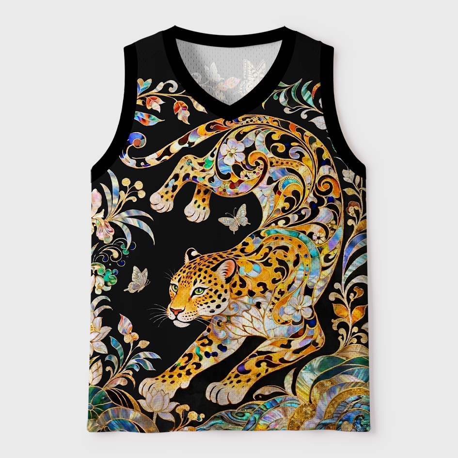 Tokyo-Tiger Abalone Shell Floral Golden Leopard Mesh Tank Top