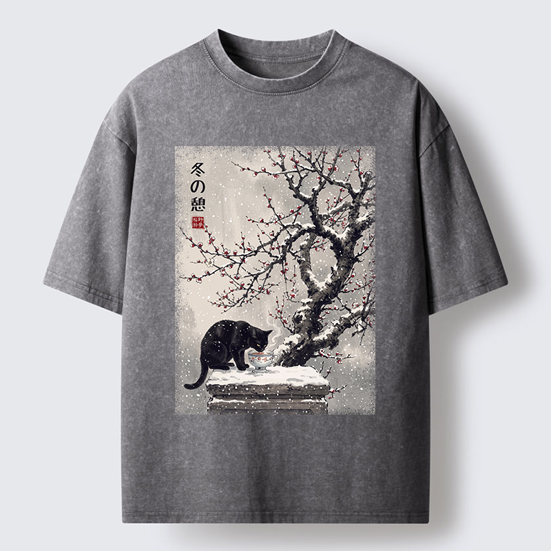 Tokyo‑Tiger Snow Cat Calm Vibes Washed T-Shirt