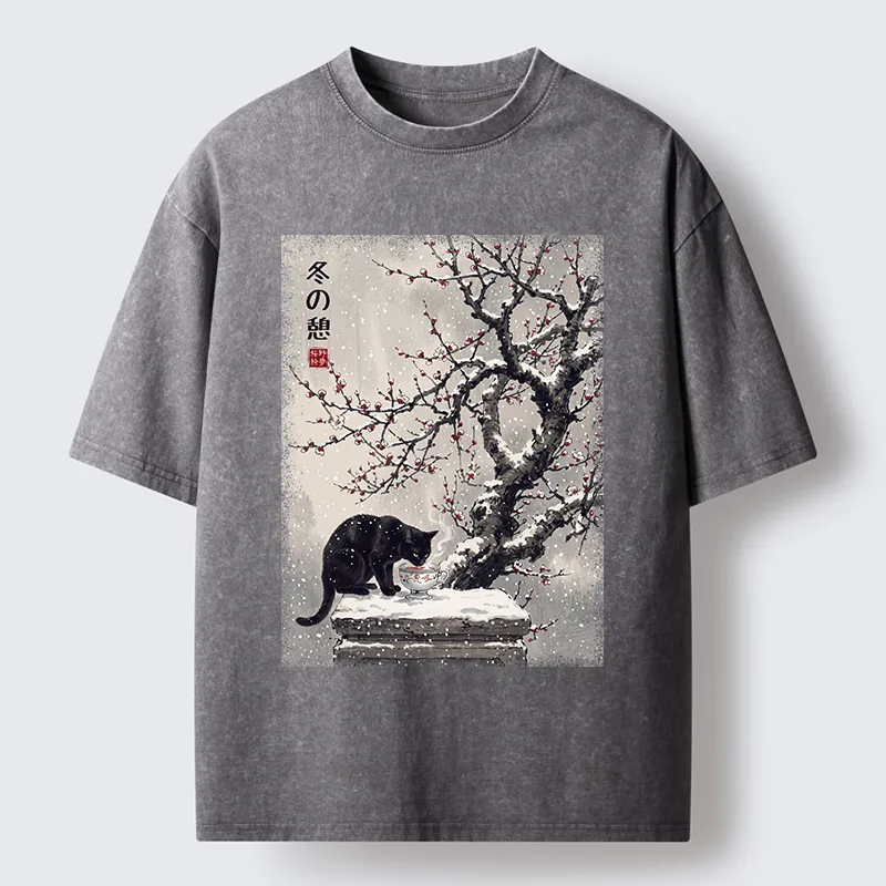 Tokyo‑Tiger Snow Cat Calm Vibes Washed T-Shirt