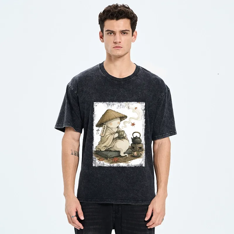 Tokyo-Tiger Cute Ghost Peaceful Tea Time Art Washed T-Shirt