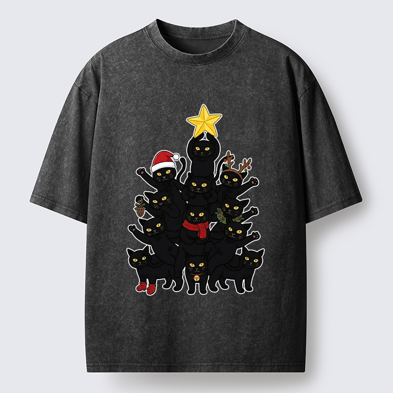 Tokyo-Tiger Stacked Black Cat Christmas Tree Washed T-Shirt