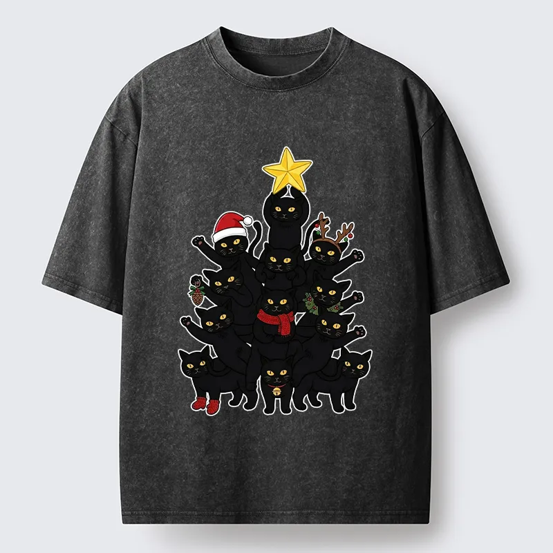 Tokyo-Tiger Stacked Black Cat Christmas Tree Washed T-Shirt